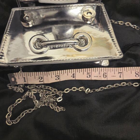 Silver Chrome Mini Bag with Chain Strap and Flap Closure - Picture 7 of 8